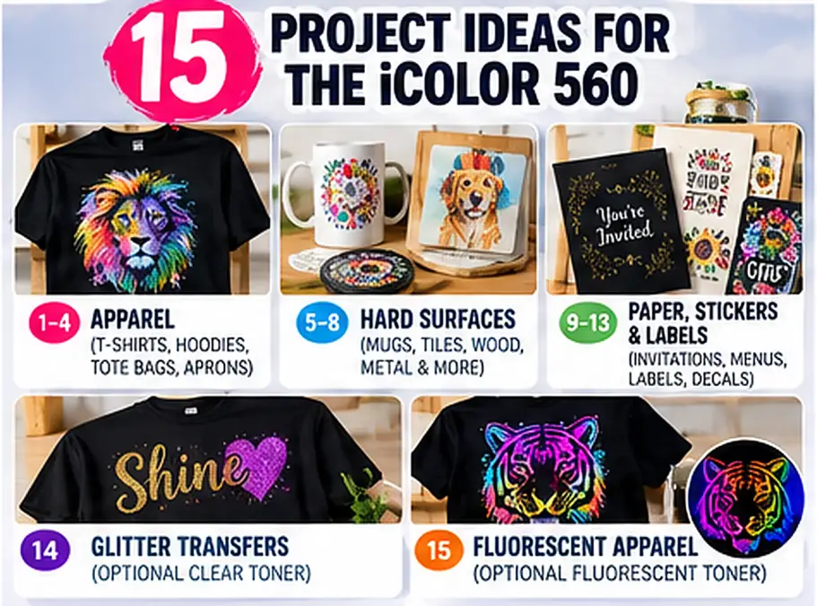 Fifteen iColor 560 projects illustrated across apparel, hard surfaces, paper, labels and specialty-toner transfers