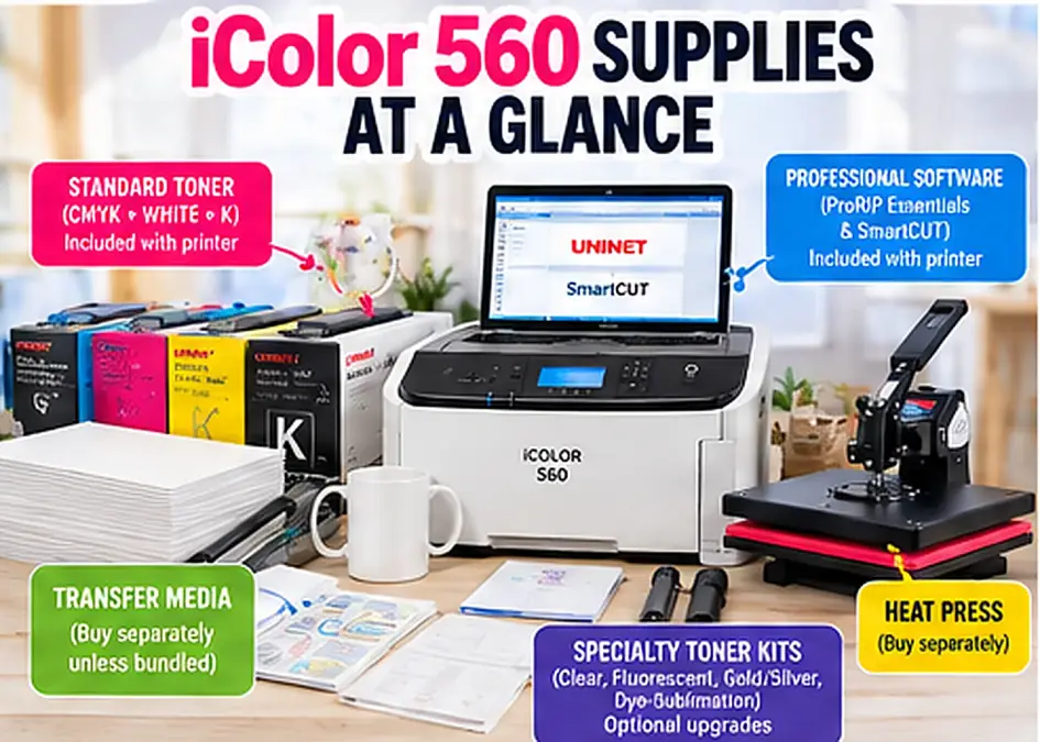 Graphic comparing standard iColor 560 toner and software with separately purchased transfer media, heat press and specialty kits