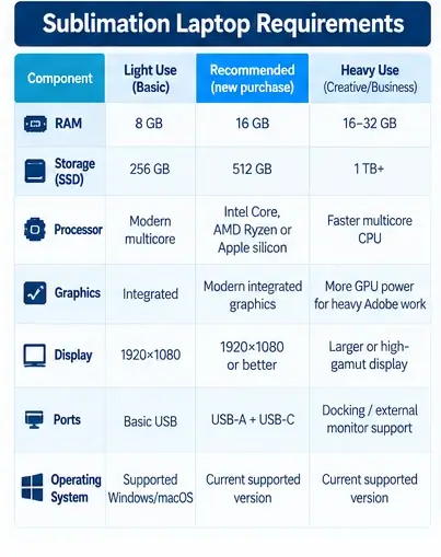 Sublimation laptop requirements table showing RAM, SSD storage, processor, graphics, display and port recommendations.