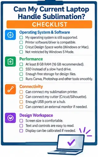 Can my current laptop handle sublimation checklist for software, performance, connectivity and design workspace.