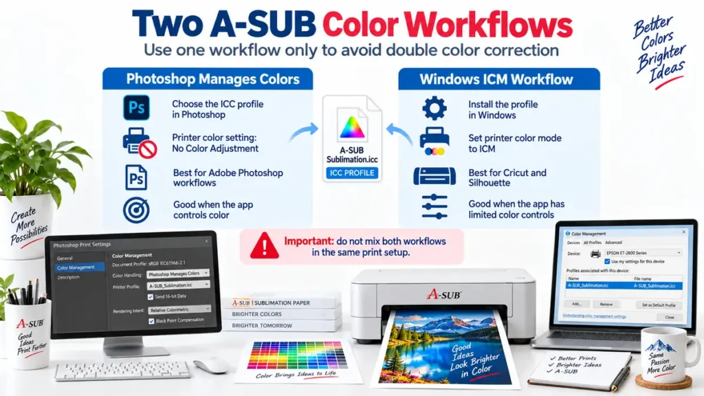 Graphic showing two A-SUB color workflows with instructions and visual aids.