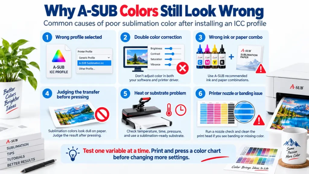 Infographic explaining causes of poor sublimation color.