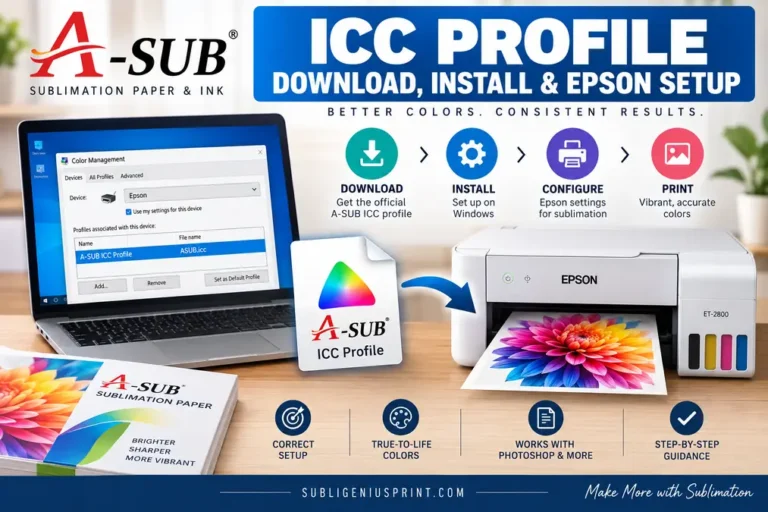 Guide for downloading and setting up A-SUB ICC profile for sublimation printing.
