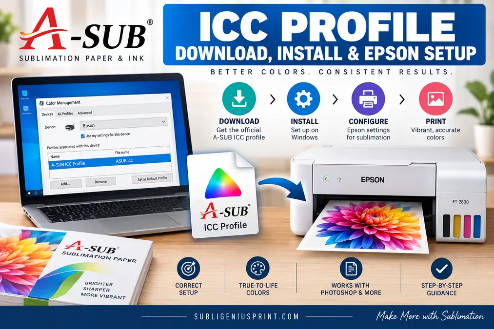 Guide for downloading and setting up A-SUB ICC profile for sublimation printing.