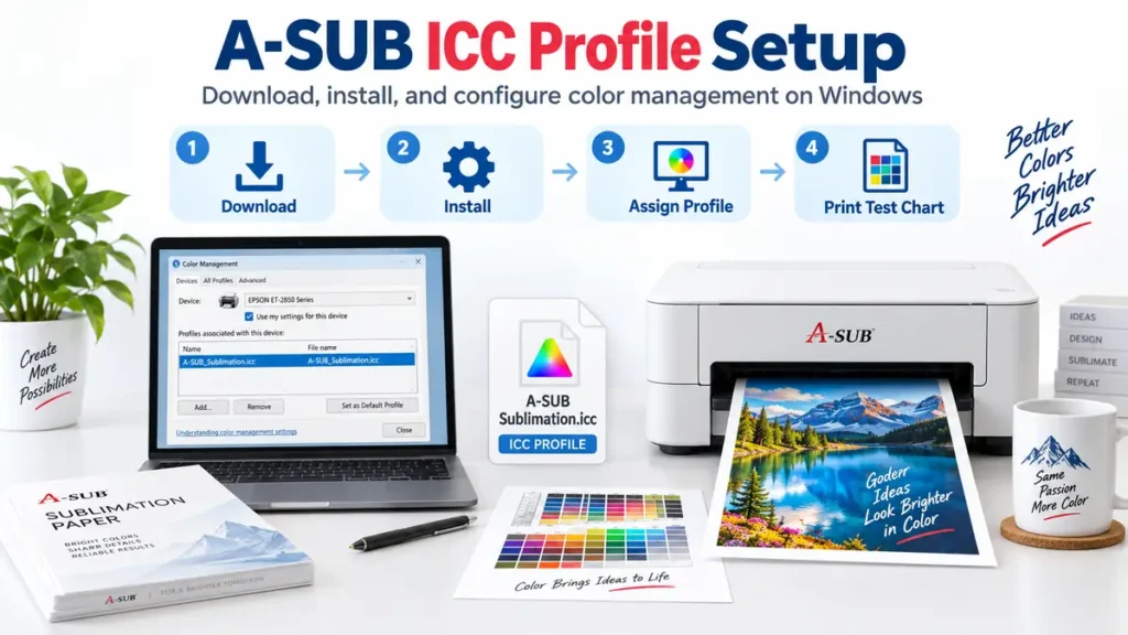 Setup for A-SUB ICC Profile on a Windows laptop and printer.