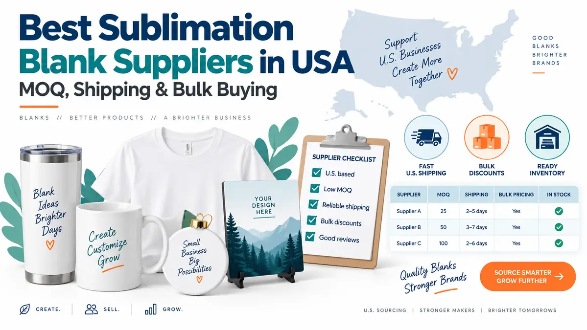 Infographic detailing sublimation blank suppliers in the USA.