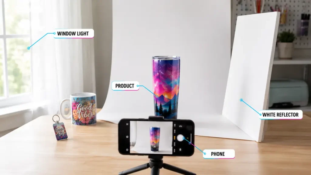 Colorful tumbler being photographed with a smartphone.