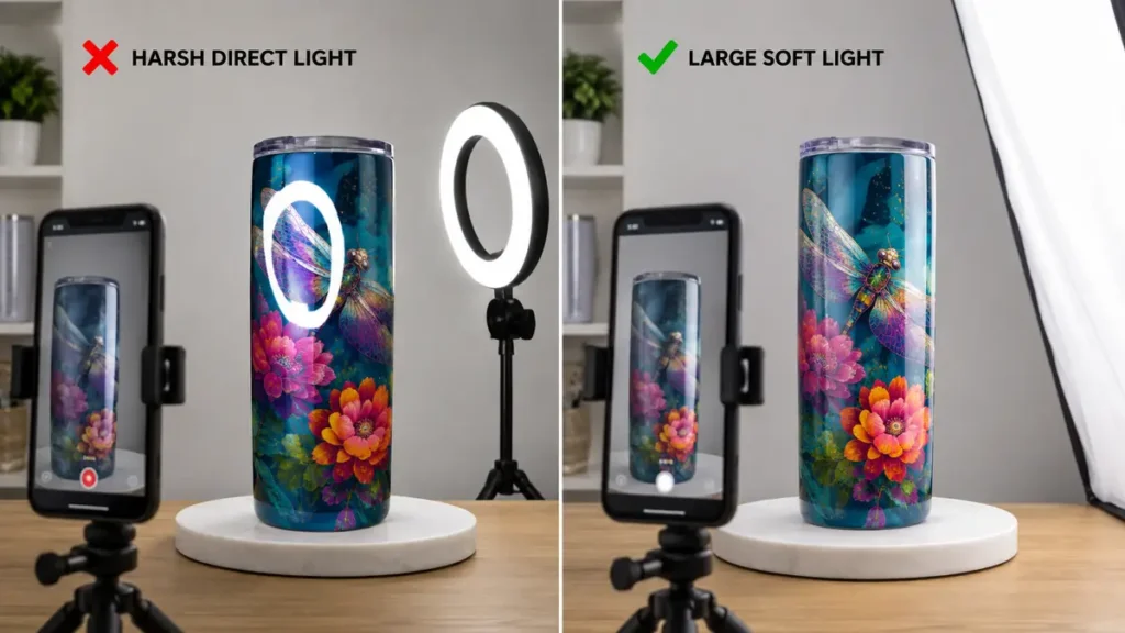 Comparison of harsh direct light and large soft light on a product