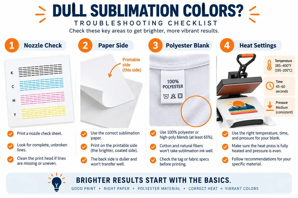 Sublimation color troubleshooting infographic showing nozzle check, paper side, polyester blank, and heat settings.