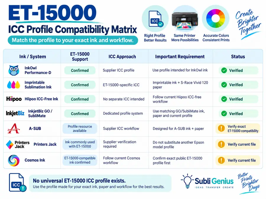 ICC profile compatibility matrix for Epson ET-15000.