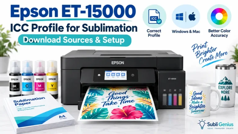 Epson ET-15000 printer with colorful ink cartridges and printed design.