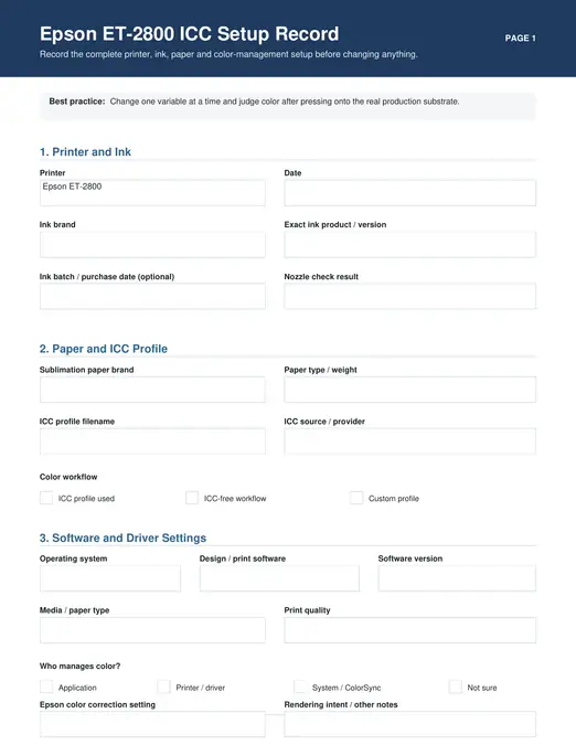 Epson ET-2800 ICC Setup and Color Test Record printable preview