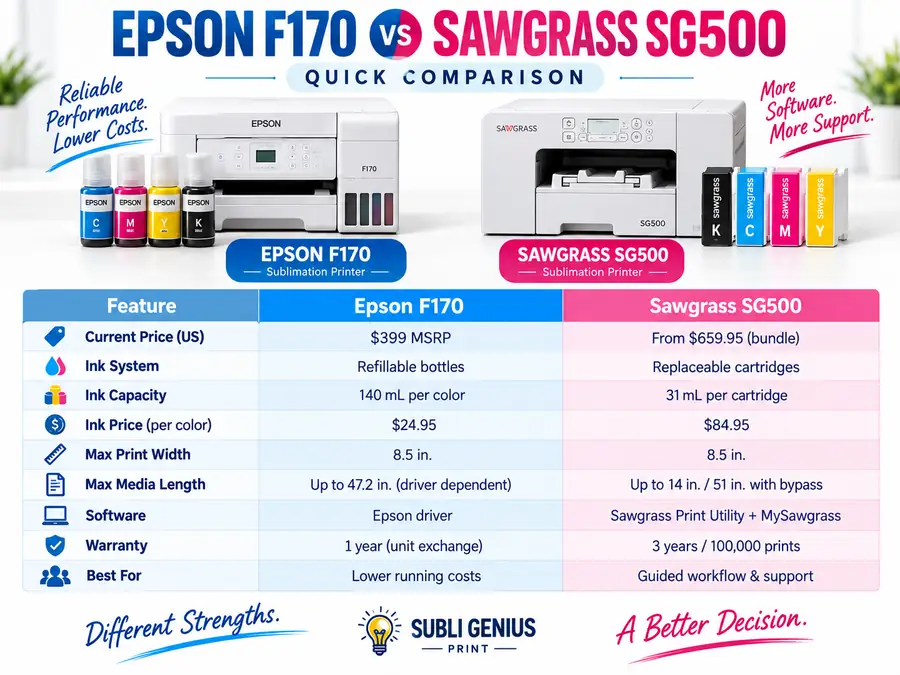 Epson F170 vs Sawgrass SG500 comparison showing price, ink capacity, print size, software, warranty, and best use