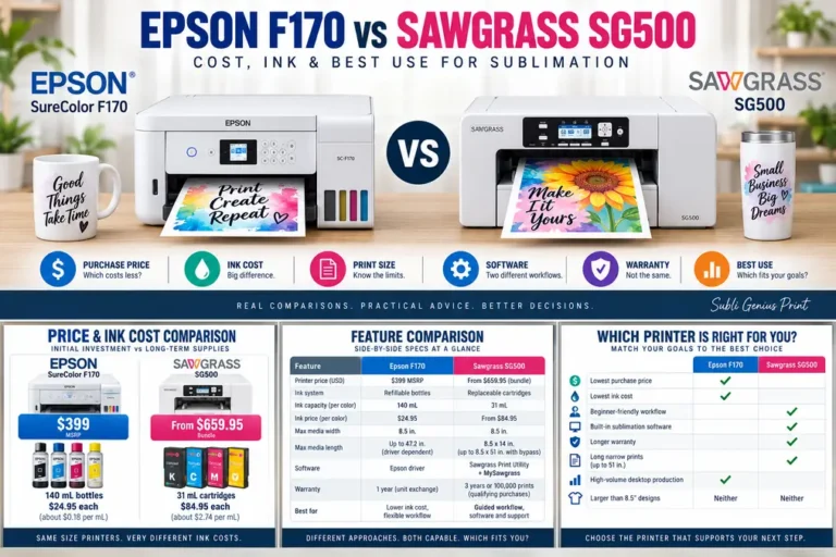 Comparison chart for Epson F170 and Sawgrass SG500 printers