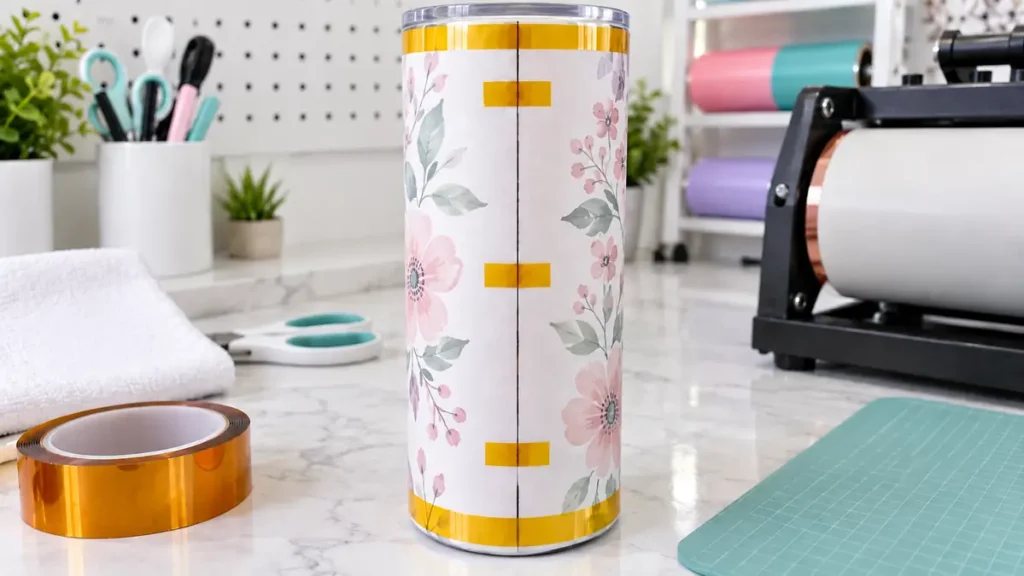 Floral-themed tumbler with pink flowers on a light background.