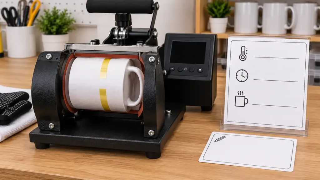 Heat press machine with a mug and instruction cards on a wooden table.