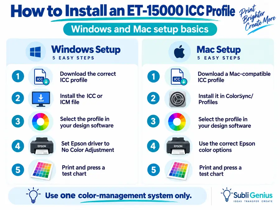 Instructions for installing an ET-15000 ICC profile for Windows and Mac.