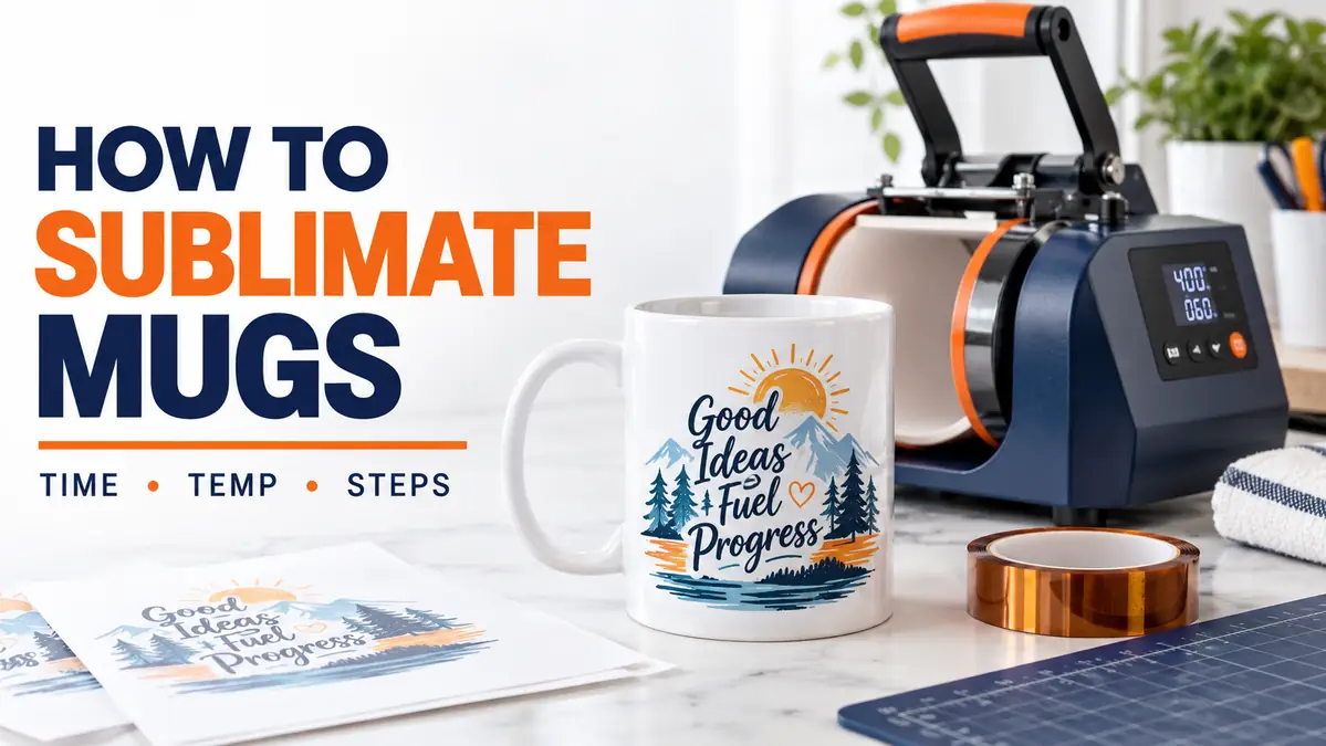 A mug with a colorful design next to a mug press and printed designs on a table.
