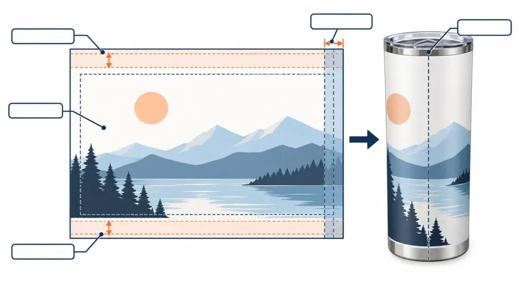 Artistic tumbler design featuring mountains and a lake