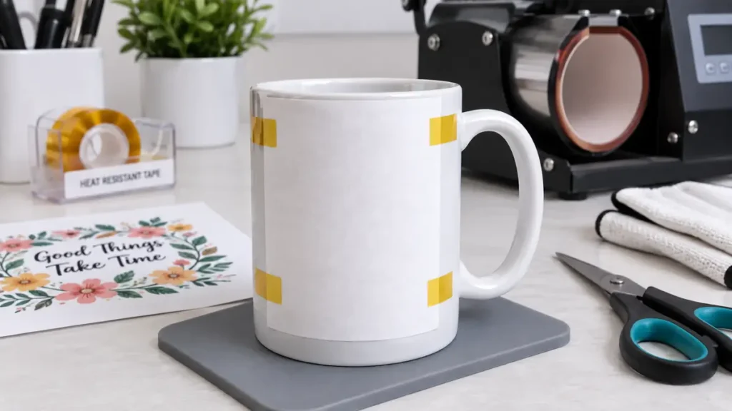 A white mug with paper and tape on a workbench