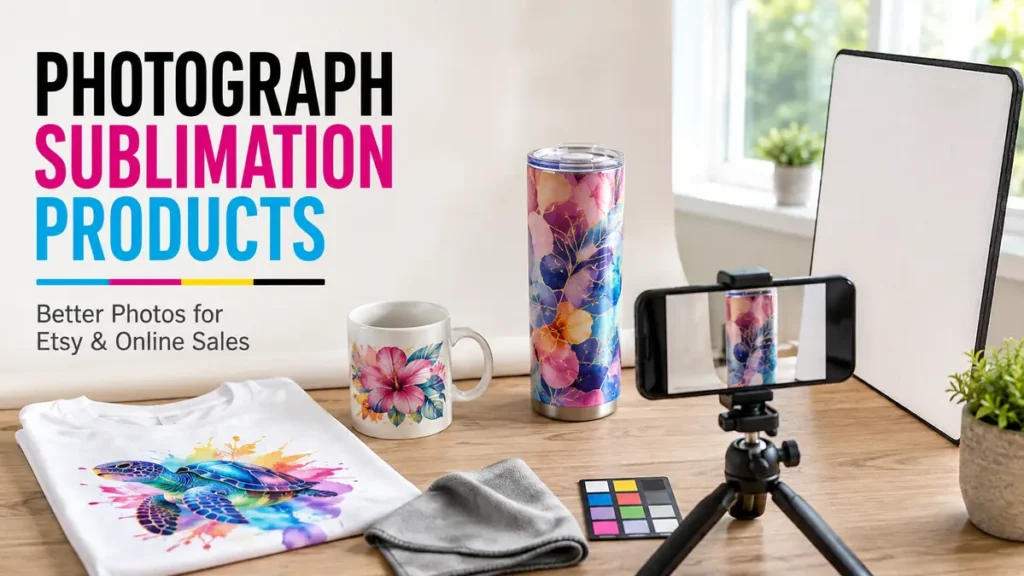 A cozy workspace showcasing sublimation products with a phone camera setup.