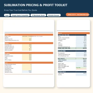 Sublimation Pricing and Profit Toolkit showing the editable product pricing calculator.