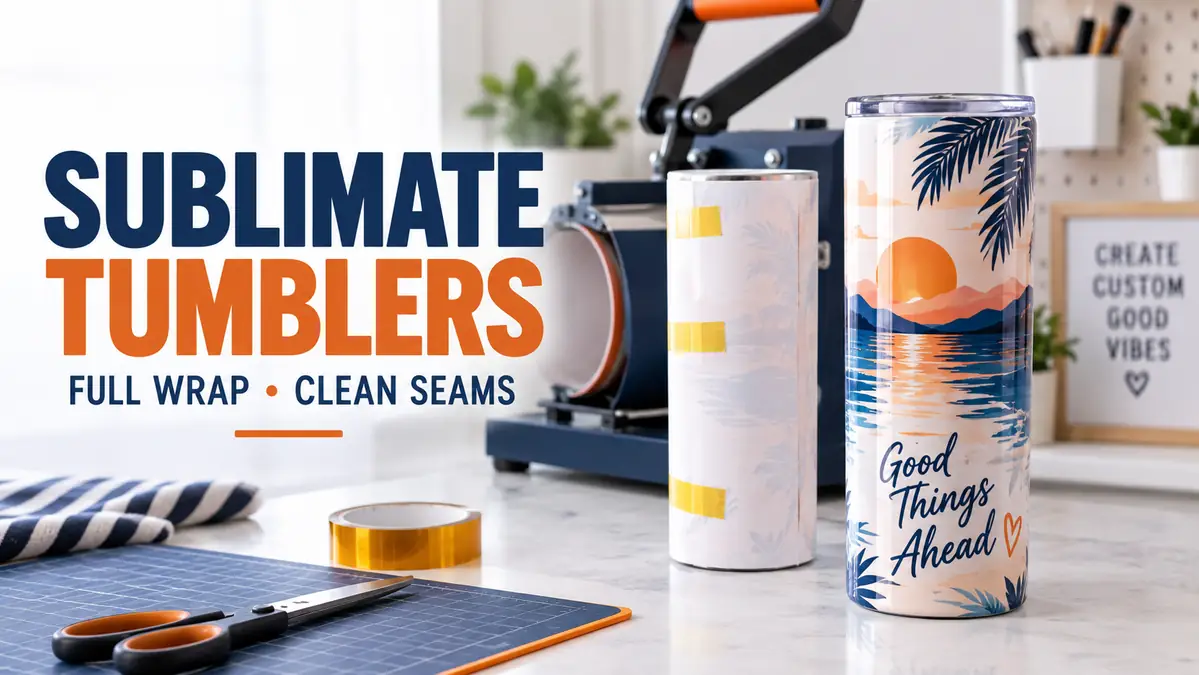 Two sublimation tumblers with a beach design on a table with a press machine.