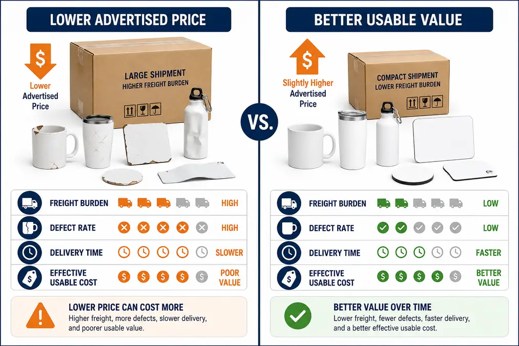 Comparison of cost values for sublimation blanks in shipment sizes.