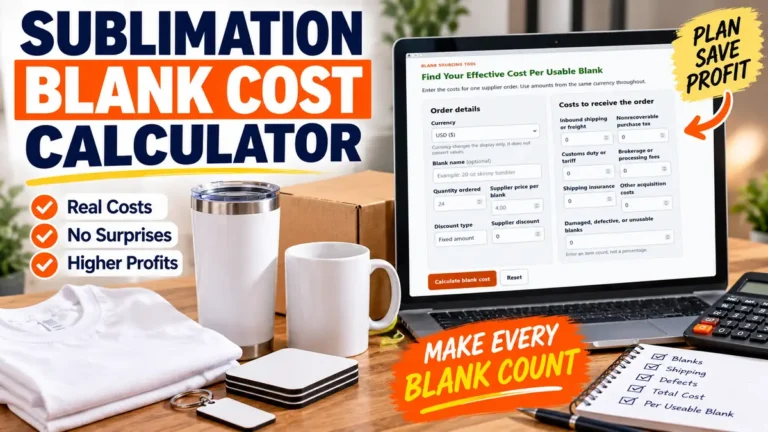 Screenshot of a sublimation blank cost calculator with a coffee cup and coasters.