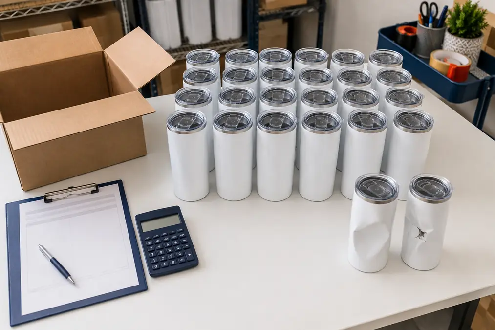 A setup displaying white tumblers, a calculator, and a clipboard.