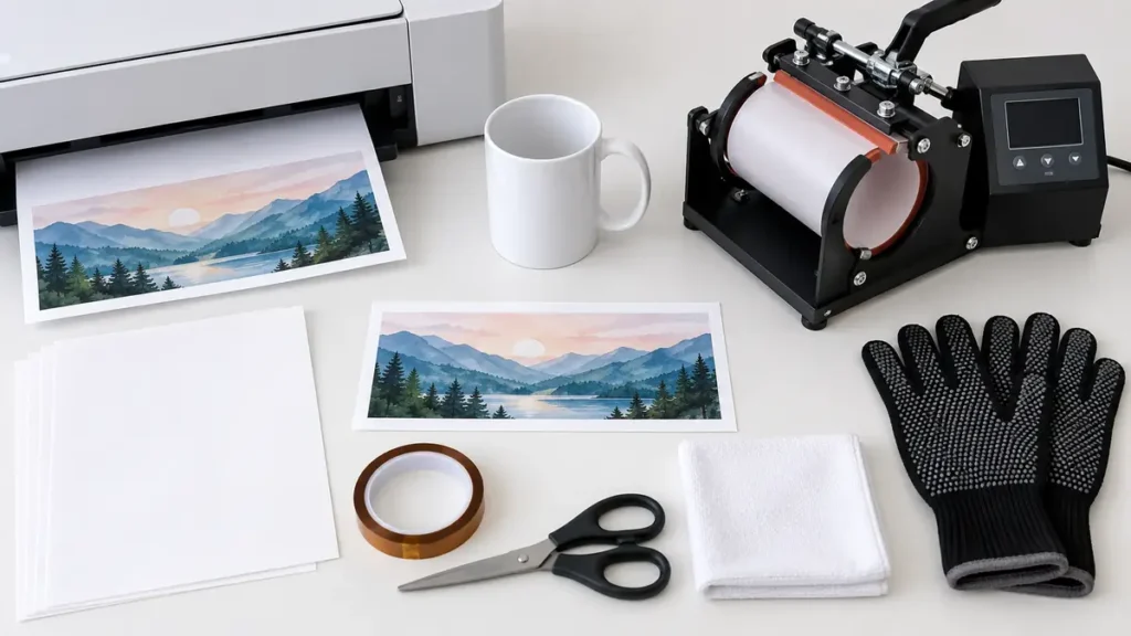 Sublimation printing setup with printer, materials, and tools.