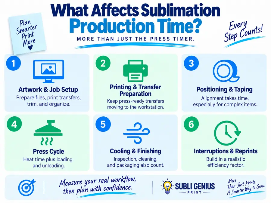 Example sublimation production time calculation for a 40-piece order showing press cycles, job time, and pieces per hour