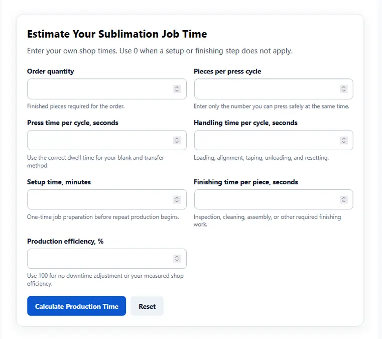 sublimation production time calculator