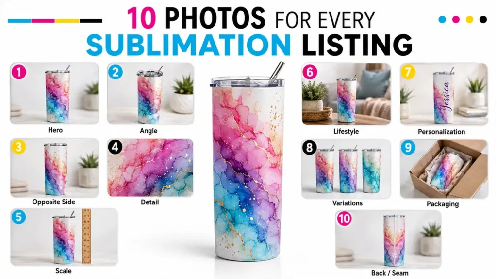 Collection of sublimation tumbler photos showcasing different angles and details.