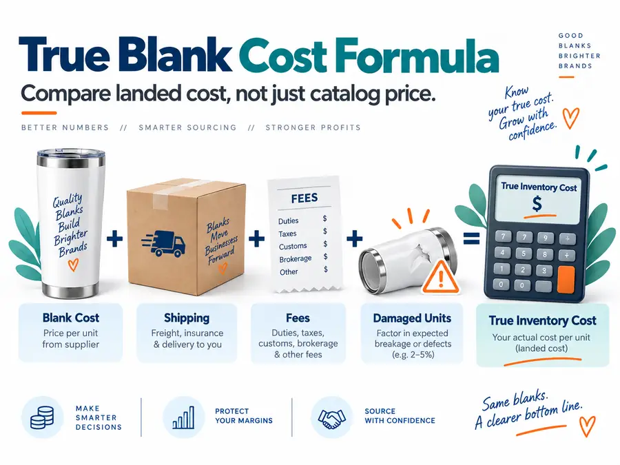 Infographic showing the True Blank Cost Formula for sublimation supplies.