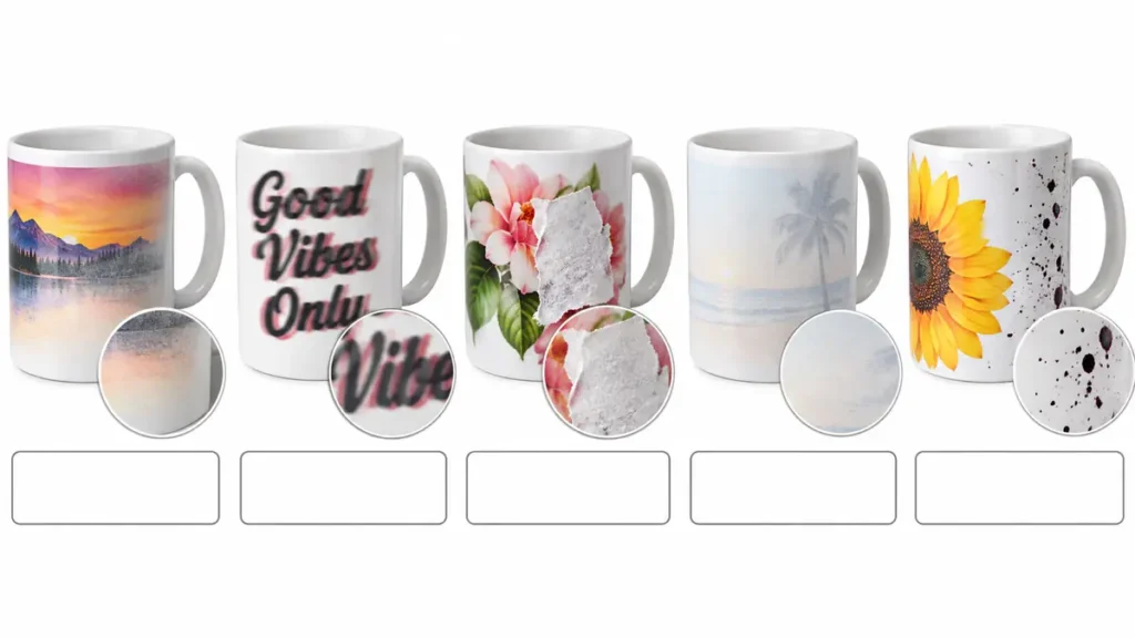 Four decorative coffee mugs with different designs.