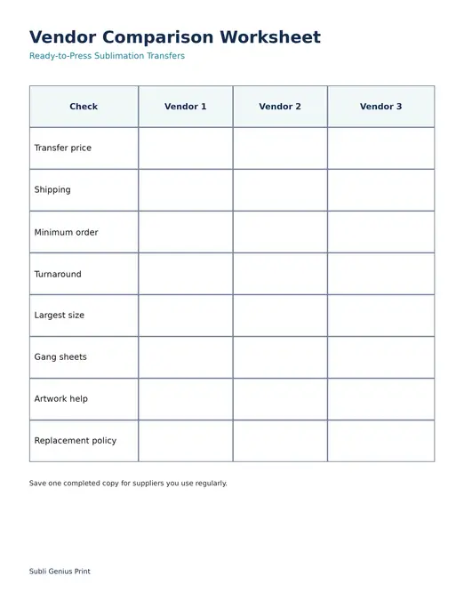 A blank vendor comparison worksheet for sublimation transfers.