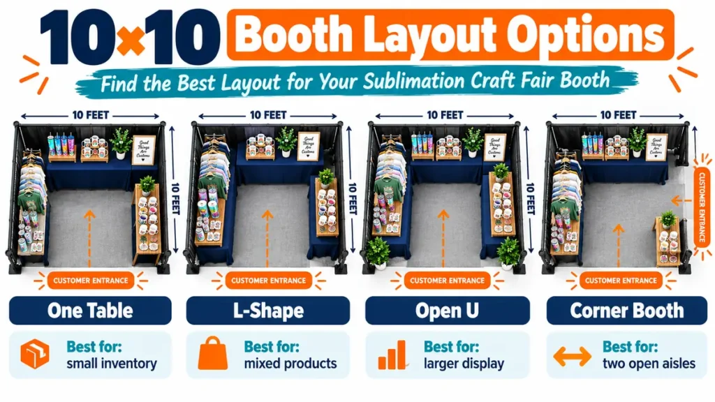 Four 10×10 craft fair booth layouts: one table, L-shape, open U, and corner booth