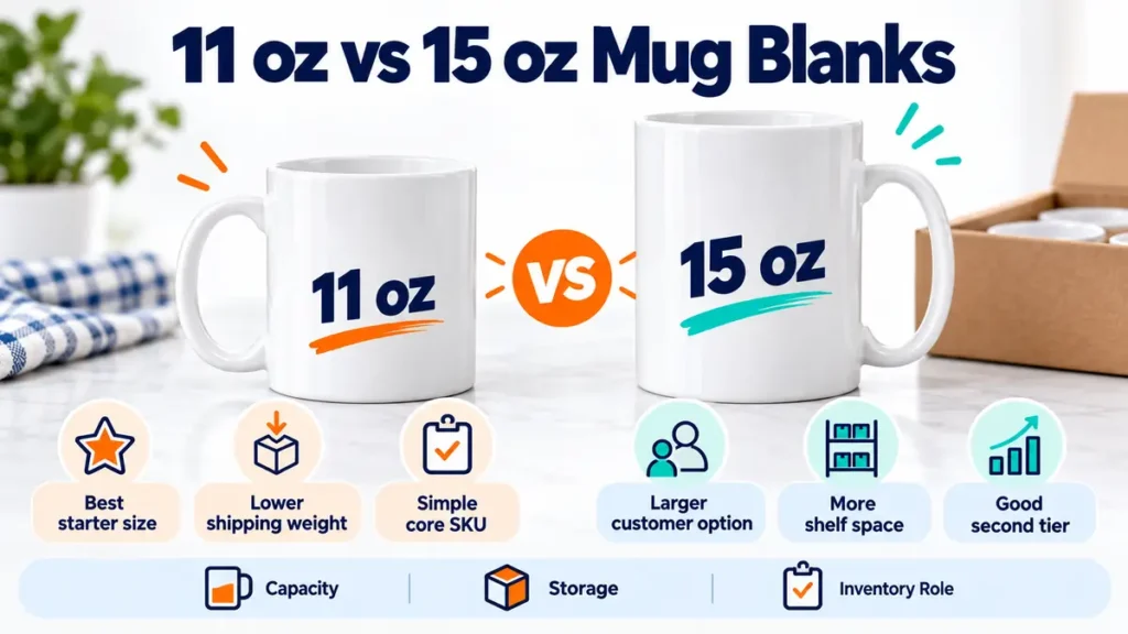 Side-by-side 11 oz and 15 oz white sublimation mug blanks