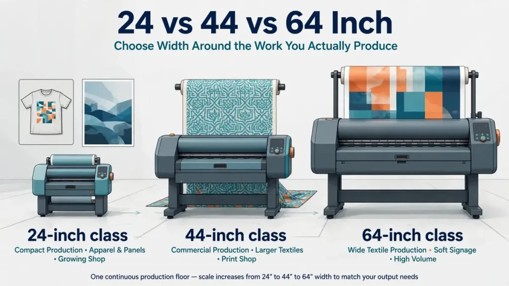Comparison of generic 24, 44 and 64-inch sublimation printer classes and the types of production each size supports