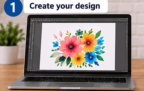 Animated sublimation mug printing process from design creation through printing, transfer setup, heat pressing, and finished mug