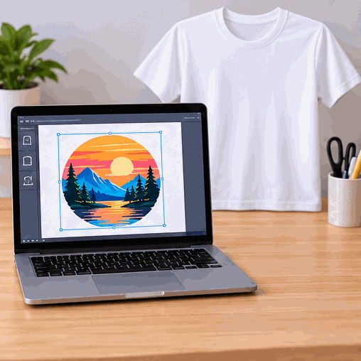 Animated sublimation T-shirt printing process from design preparation through transfer printing, heat pressing, and finished shirt