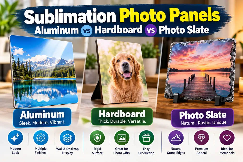 Aluminum, hardboard, and photo slate sublimation photo panels compared side by side