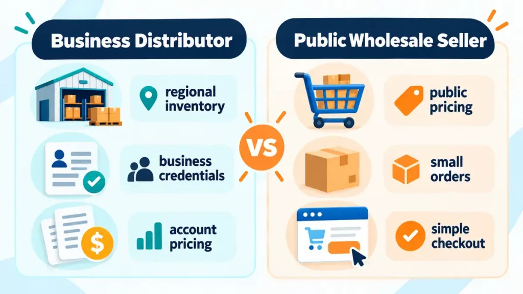 Side-by-side comparison of a business distributor and a public wholesale seller using warehouse, account, pricing and checkout icons