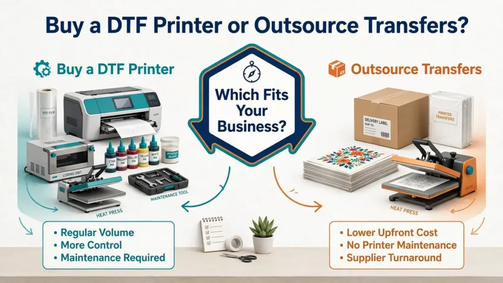 DTF buy versus outsource decision graphic comparing in-house printing equipment with outsourced transfer sheets