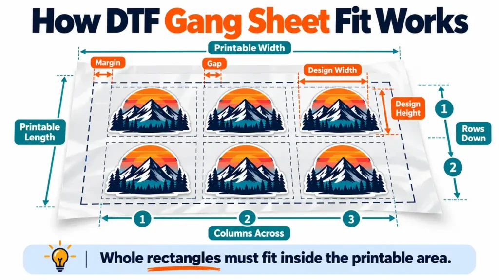 DTF gang sheet diagram labeling printable width, printable length, margins, gaps, design size, columns and rows