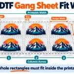 DTF gang sheet diagram labeling printable width, printable length, margins, gaps, design size, columns and rows