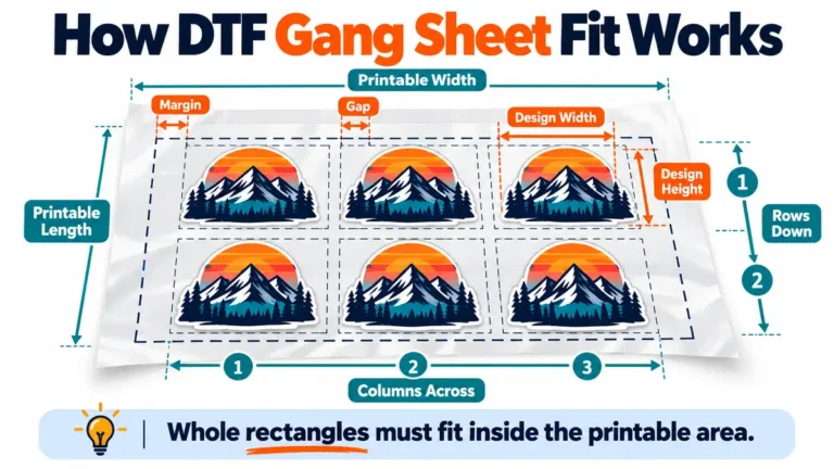 DTF gang sheet diagram labeling printable width, printable length, margins, gaps, design size, columns and rows