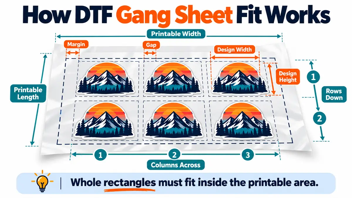 DTF gang sheet diagram labeling printable width, printable length, margins, gaps, design size, columns and rows