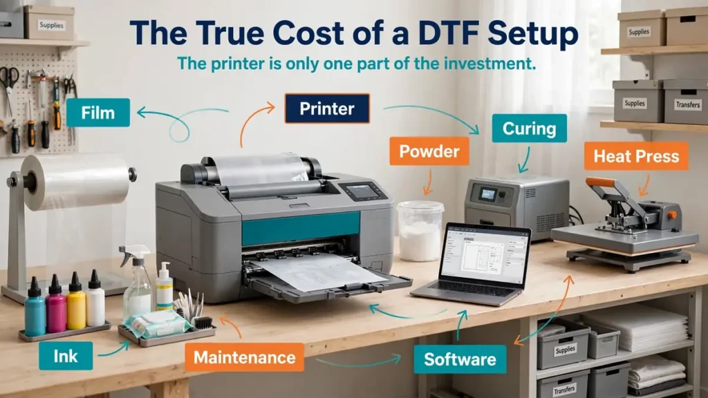 Complete DTF printing setup showing printer, film, ink, powder, curing equipment, heat press, computer, and maintenance supplies